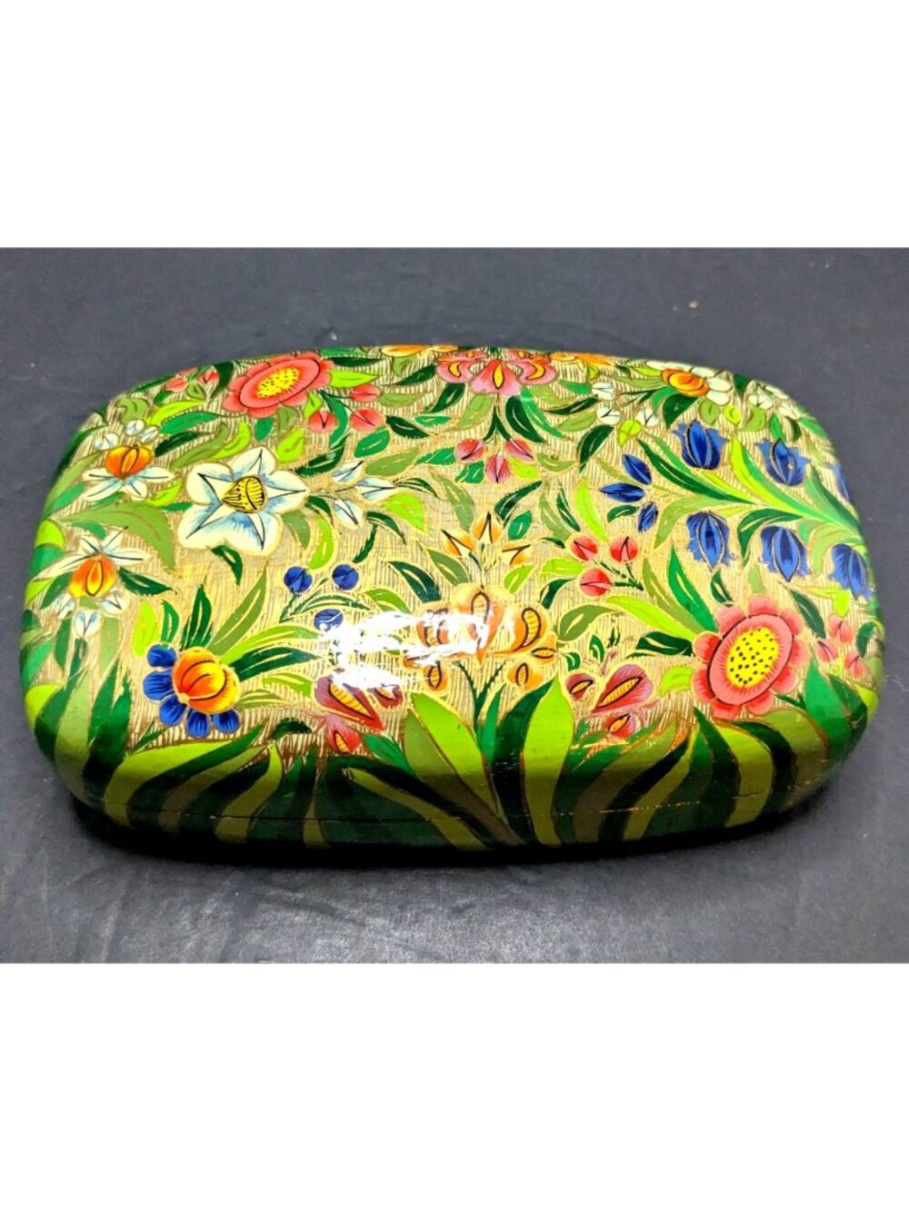 Vintage Lacquer Papier-Mâché Hand-Painted Floral Trinket Box